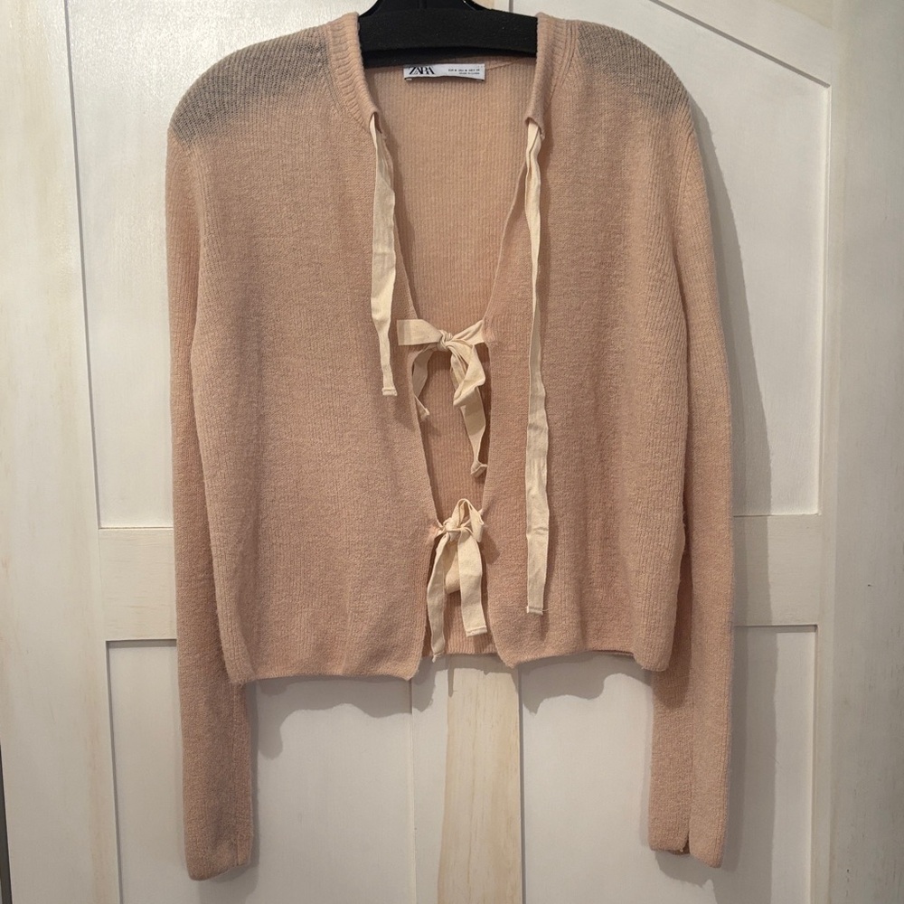 Zara Bows Knit Cardigan in Dusty Pink, Size M